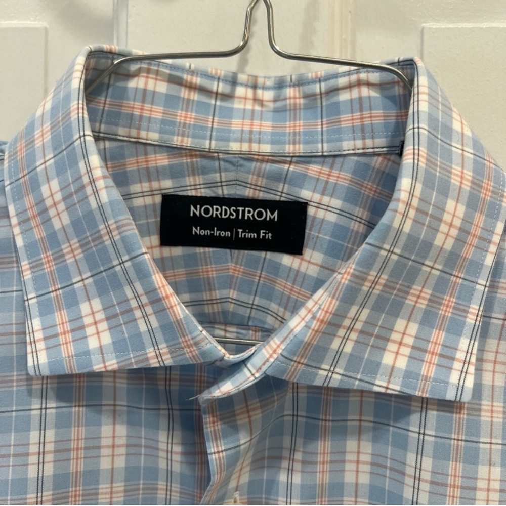 Nordstrom Non Iron Trim Fit Blue Plaid Men's Button Up Shirt Size 15 1/2 32-33 - Picture 2 of 5